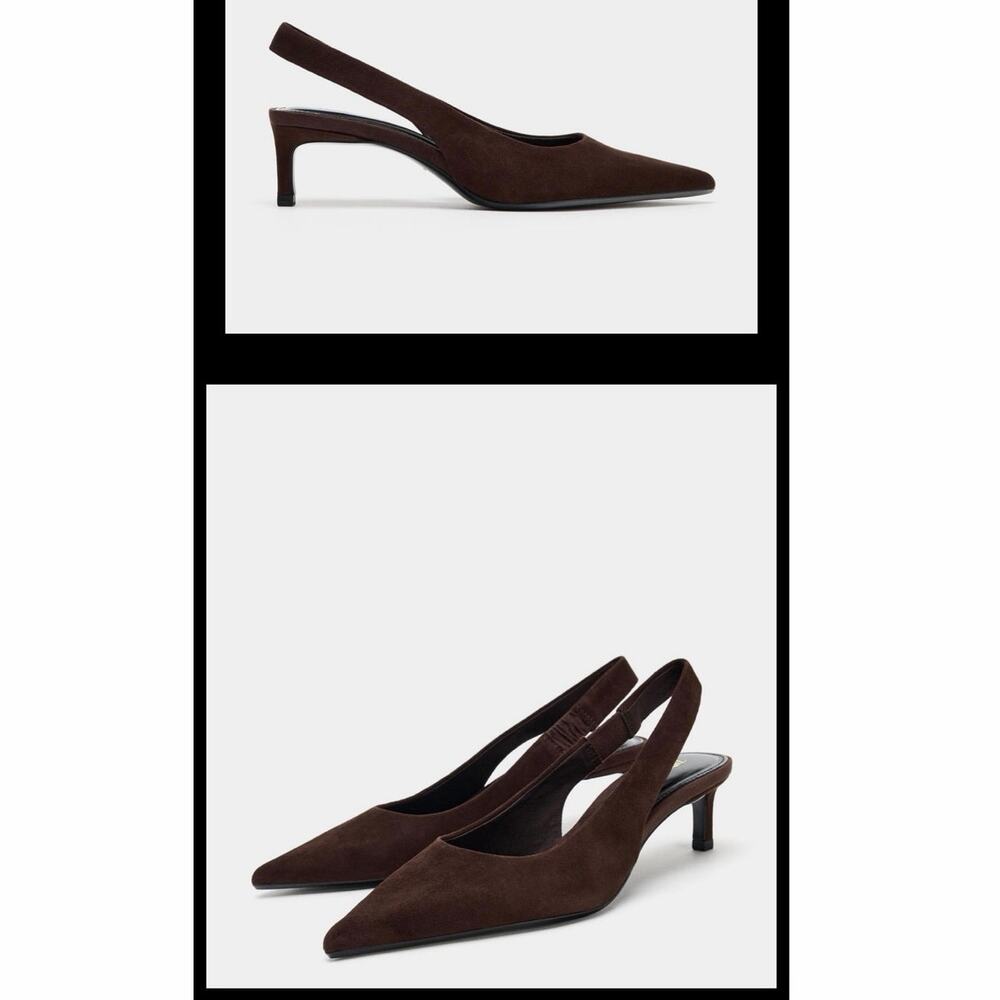 Zara Leather Suede Brown Sling Back 3.5” kitten Heel Pointed Toe Women Heels 9
